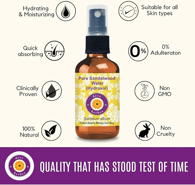 Deve Herbes Pure Sandalwood Floral Water (Hydrosol) (Santalum Album) Natural Therapeutic Grade for Skin - 50ml (1.69 oz)