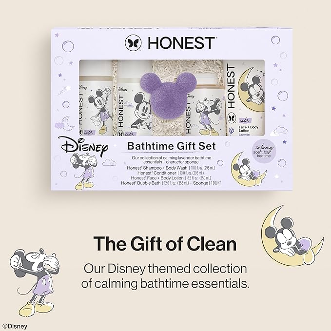 The Honest Company Calm Lavender Bathtime Gift Set, Disney Design, Hypoallergenic Bath for Sensitive Baby Skin, Shampoo Body Wash Face Lotion Bubble Conditioner Sponge