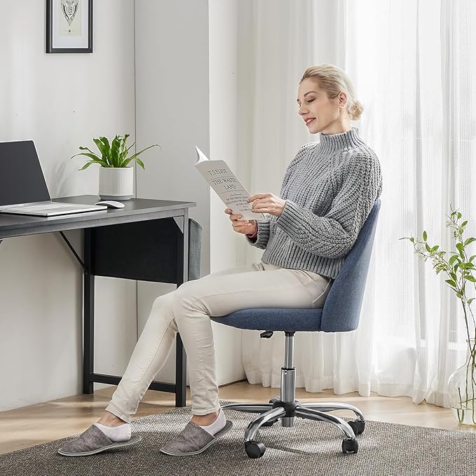 Sweetcrispy Armless Vanity Chair, Cute Comfy Home Office Desk Chair with Wheels, Modern Upholstered Task Computer Seat for Bedroom, Study, Makeup Vanity, Height Adjustable & Swivel, Blue