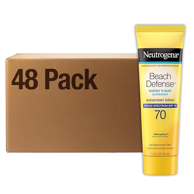 Neutrogena Beach Defense Water Resistant Sunscreen Body Lotion with Broad Spectrum SPF 70, Oil-Free, PABA-Free & Fast-Absorbing, Oxybenzone-Free, Travel Size, 1 oz, 48 Pack