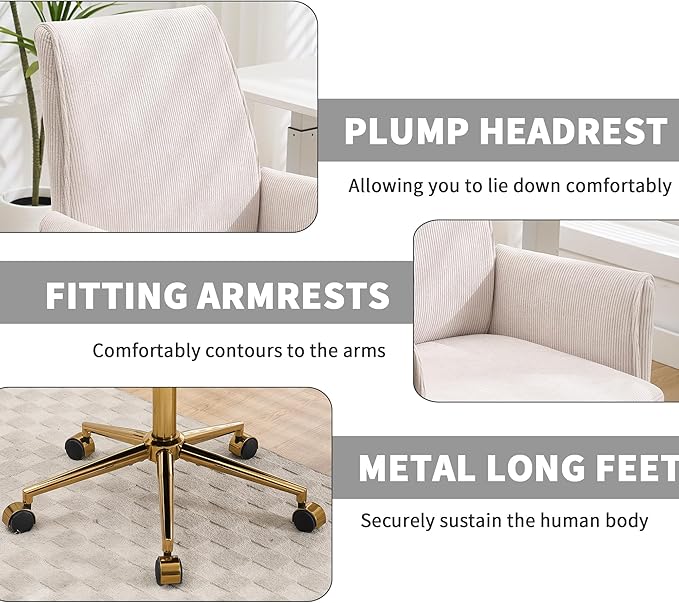 YITAI Stripes Velvet 360°Swivel Desk Chair, Modern Height Adjustable Home Office Armchair with Gold Base and Wheels for Vanity, Comfy Computer Chair for Study Living Room Bedroom（Beige）