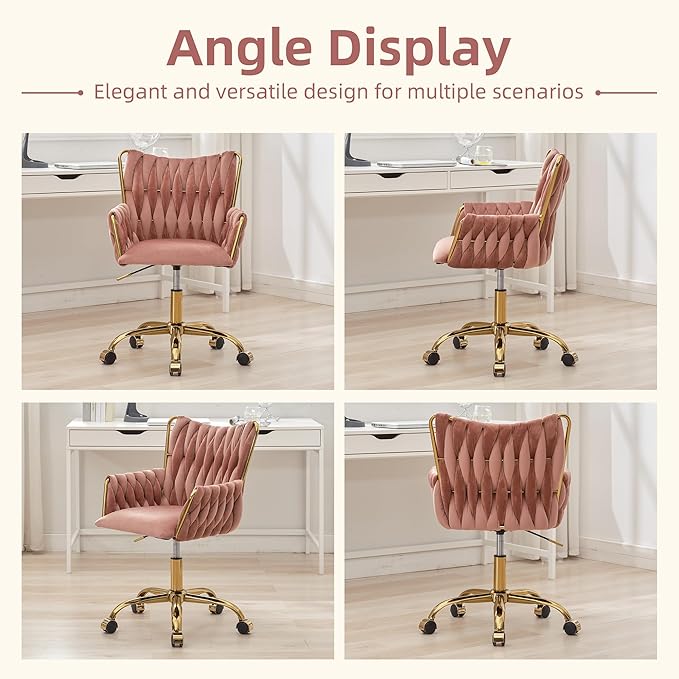 ABET Velvet Desk Chair with Wheels, Cute Upholstered Swivel Office Chair, Modern Gold Rolling Hand Woven Height Adjustable Armchair for Women Girls Home Makeup, Vanity, Nail Salon, Rose Red