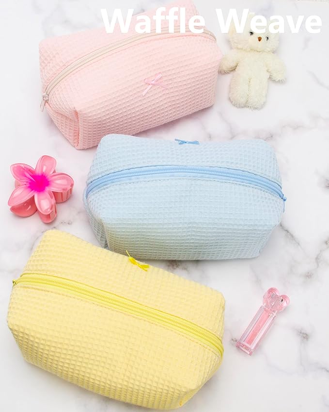 PAZIMIIK 6PCS Cozy Makeup Bag Travel Cosmetic Bag for Women Soft Toiletry Bag Aesthetic Makeup Organizer Portable Large Zipper Pouch for Skincare Beauty Accessories Brushes Waffle Check Blue
