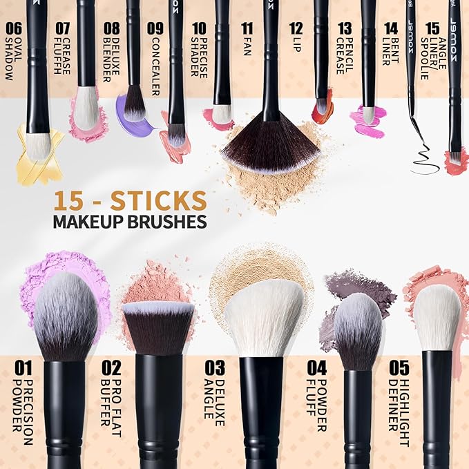 ZAMEL Professional Makeup Brush Set - 15pcs Labeled Black Foundation & Eyeshadow Brushes with Travel Case, Cruelty-Free Premium Synthetic hair Soft Bristles, Ideal for Women & Makeup Lovers