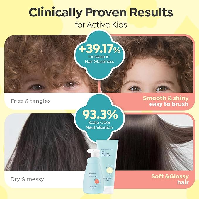 GOONGBE Korean Kids Silicone-Free Silky Shampoo & Conditioner for Weak Frizzy Hair - Glossy Shine & Tangle Prevention - Low pH - Allergen-Free, 10.1oz & 6.76oz