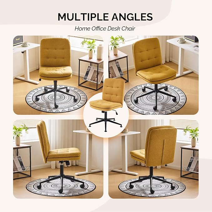 VINGLI Mid Back Armless Office Desk Chair with Wheels/no Wheels,360°Rocking Swivel Vanity Chair with Thickened Cushion,Adjustable Height Rolling for Reading Room, Make up, Linen Ginger Yellow