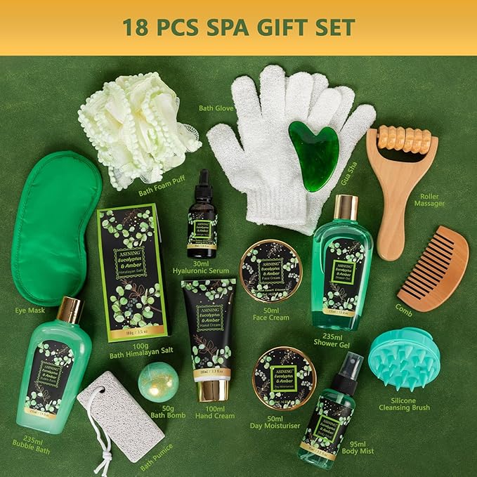 19-Piece Mothers Day Gifts Basket for Women, Premium Eucalyptus Amber Bath Gift Set for Men- Spa Kit, Face Skin Care Kit, Birthday, Valentines, Fathers Day, Christmas, Perfect for Holidays Self Care