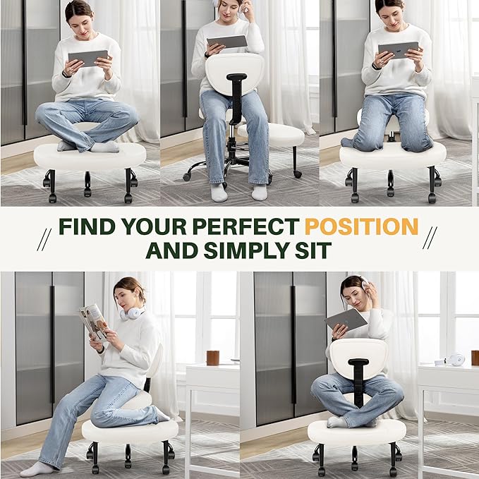 Primy Criss Cross Office Chair - ADHD Cross Legged Chair with Wheels - Adjustable Height Ergonomic Kneeling Desk Chairs for Meditation Yoga Home Office with Backrest, 360°Rotating Footrest -White