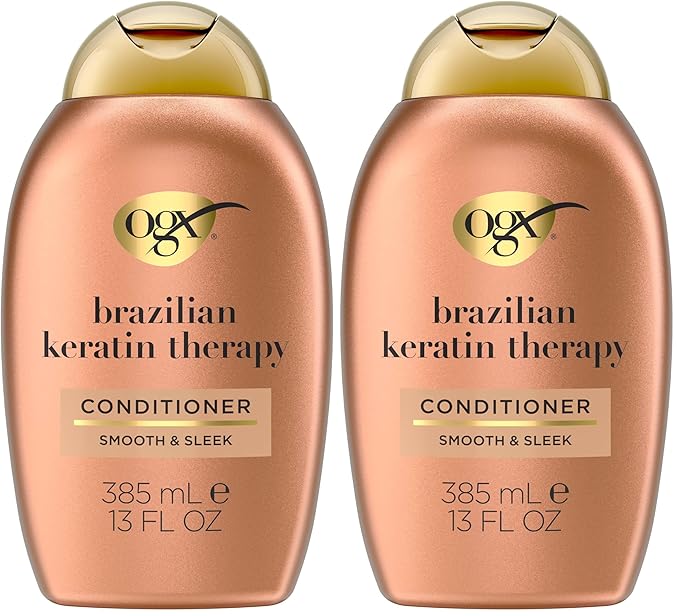 OGX Ever Straightening + Brazilian Keratin Therapy Hair-Smoothing Conditioner with Coconut Oil, Cocoa Butter & Avocado Oil, Paraben-Free, Sulfate-Free Surfactants, 13 Fl Oz (Pack of 2)