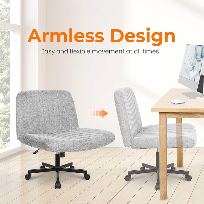 NEO Chair Criss Cross Chair with Wheels Home Office Cross Legged Armless Chairs Ergonomic Adjustable Computer Desk Task Wide Seat for Bedroom Vanity Comfy Swivel (Grey)