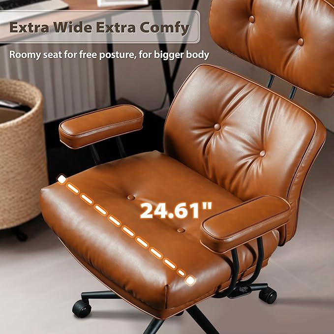 HOOOWOOO Ergonomic Office Chair,Mid Century Modern Computer Desk Chair,Comfy Executive Chair with Extra Wide Tufted Cloudy Seat Lumbar Support High Reclining Back,PU Leather Brown