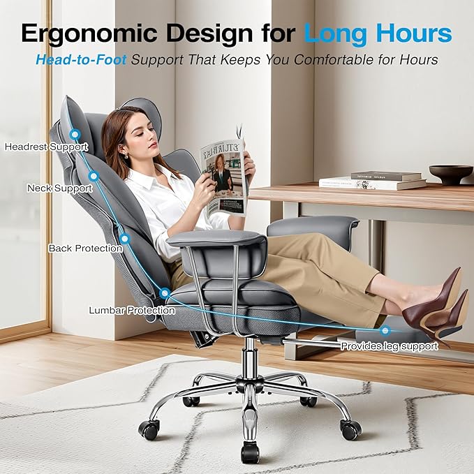 Office Chair Comfy, Big and Tall Executive Leather Chair, High Back Ergonomic Wide Chair with Footrest, Reclining Computer Desk Chair, Heavy Duty Gaming Chair with Padded Arm and Pillow, Grey