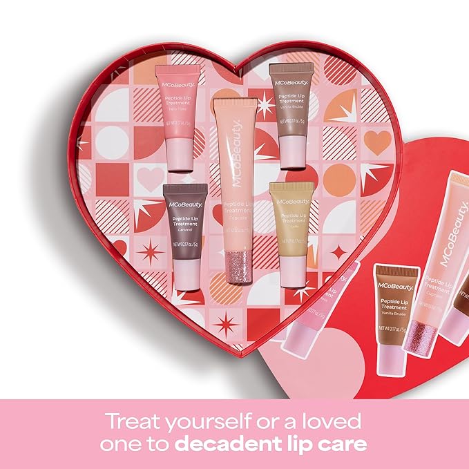 MCoBeauty Peptide Lip Treatment Gift Set - Lip Gloss Balm Tint Kit with Peptides Shea Butter for Dry Lips - 5 Piece Cupcake Latte Fairy Floss Caramel Vanilla Scents - Vegan Cruelty Free