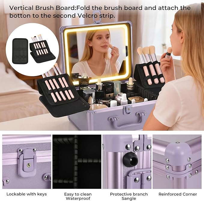 Makeup Case with Lighted Mirror, Makeup Box Organizer with Detachable LED Mirror, Travel Makeup Train Case, Waterproof Cosmetic Organizer, Standing Brush Holder, Gift, Purple