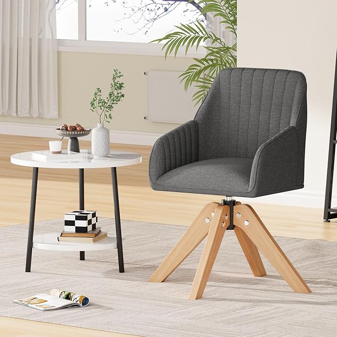 Furniliving Mid Century Modern Accent Chair, 36.8 Inch Upholstered Swivel Chair for Living Room with Arms Home Office Desk Chair for Bedroom Wood Legs Computer Task Chair No Wheels, Darkgrey
