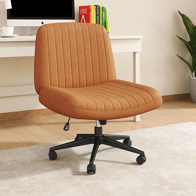 Shintenchi Criss Cross Chair,Cross Legged Office Seat with Wheels Armless Swivel Vanity Chair,Height Adjustable Wide Computer Task Seating for Home Office,PU Leather,Orange