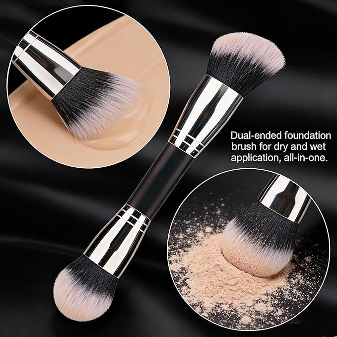 Dual-Ended Foundation Makeup Brush -Large 1 Inch Bristles Black Wooden Handle Aluminum Ferrule Foundation &Powder Brush Wet & Dry Use for Professional and Daily Full Coverage Flawless Finish