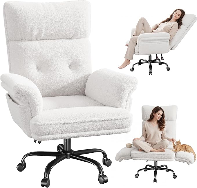 Criss Cross Chair with Armrests & Wheels for Cross-Legged Sitting，Ergonomic Computer Gaming Chair with Two Side Pockets，Teddy Plush Wide Seat Reclining Desk Chair for Home,Office,Beige