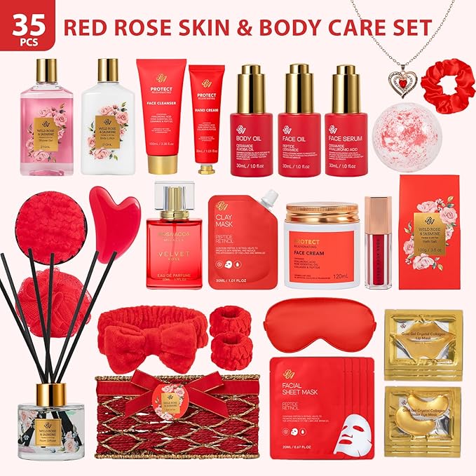 35 Pcs Valentines Day Gift for Women, Red Rose Bath and Body Basket Gift, Face Skin Care Kit, Home Spa Self Care, Lip Gloss, Diffuser, Necklace, Birthday, Christmas, Mother, Bridal Shower, Anniversary