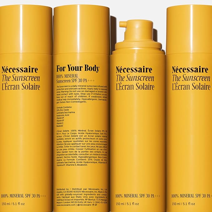 Nécessaire The Mineral Sunscreen SPF 30 PA+++. For The Body. Broad Spectrum. Zinc Oxide, Hyaluronic Acid, Niacinamide. Hydrate. Protect Against Sun Damage + Premature Aging. Dermatologist-Tested 5.1oz