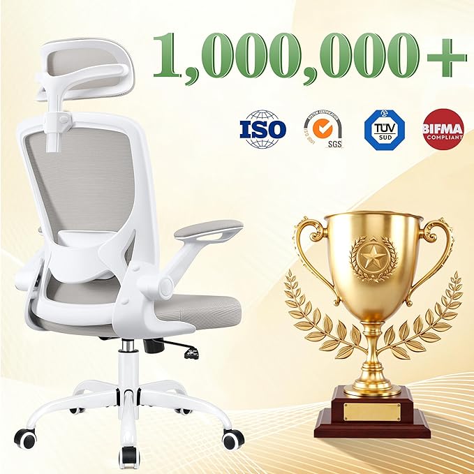 Office Desk Chair, Ergonomic Mesh Office Chair with Adjustable Lumbar Support, Headrest, Flip-up Armrests, Comfortable Computer Chairs for Home, Work, Gaming, (Light Gray, 8 Pack)