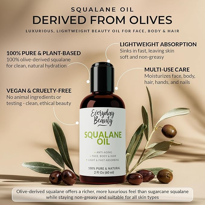 Squalane Oil - 100% Pure & Natural Plant Derived Facial Oil 2 Fl Oz - Cold Pressed and Unrefined Premium Grade Multipurpose Moisturizing Oil for Skin and Hair
