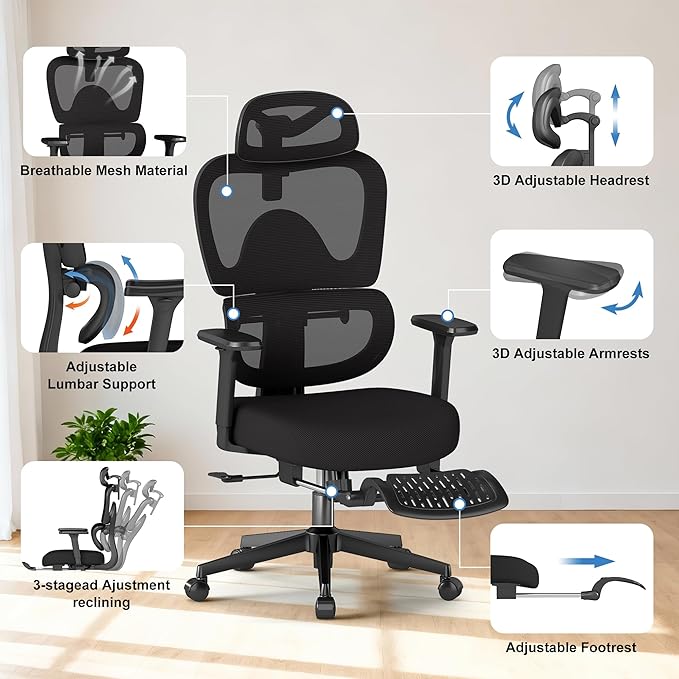 Ergonomic Office Chair with Footrest – Adjustable Lumbar Support, 3D Armrests & Headrest, Wide-Seat High-Back Mesh Computer Chair with Casters, Suitable for Home & Office, Black