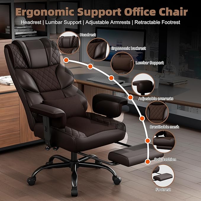 Vonesse Big and Tall Office Chair, Desk Chair with Soft Adjustable Armrests, Ergonomic High Back Gaming Chair with Lumbar Support, Executive Computer Chairs with Footrest (PU Leather, Brown)