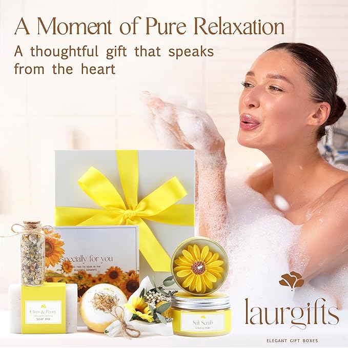 Birthday Gifts for Women – Yellow Sunshine Spa Gift Box, Luxury Bath & Self Care Package with Citrus & Peony Scent for Mom, Sister or Friend
