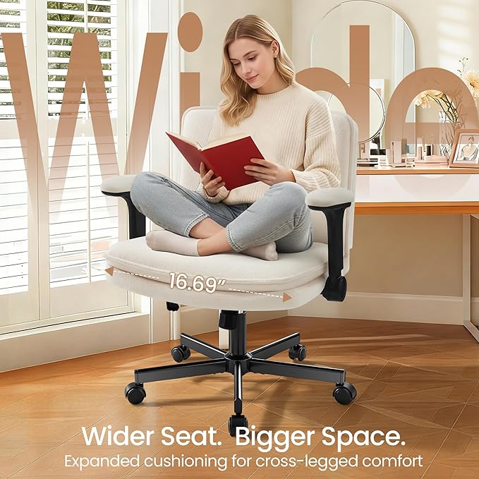 Criss Cross Office Chair with Wheels - Wide Seat Criss Cross Desk Chair with Flip-up Arms and Thick Cushion - Comfy Tilting Swivel Rolling Vanity Chair for Home Office Bedroom Apartment