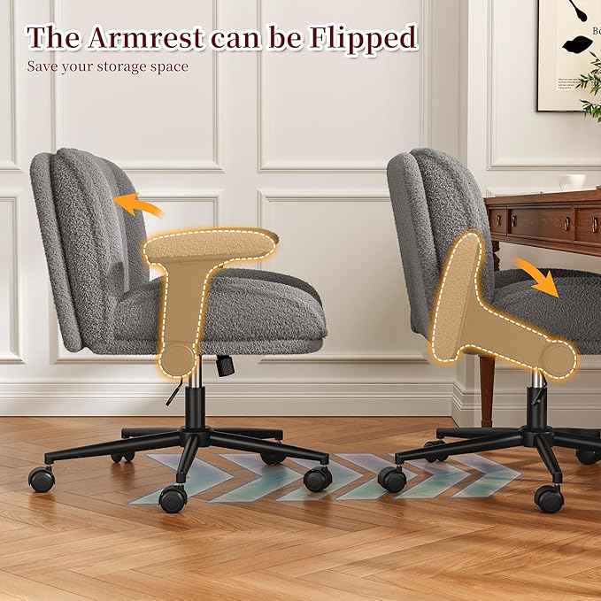 Cross Legged Office Chair with Flip-Up Arms, Wide Criss Cross Chair with Wheels & Extra-Deep Seat Thickened for Home Office, Vanity, Apartment Dorms,Plush Cushion,Comfy,Grey