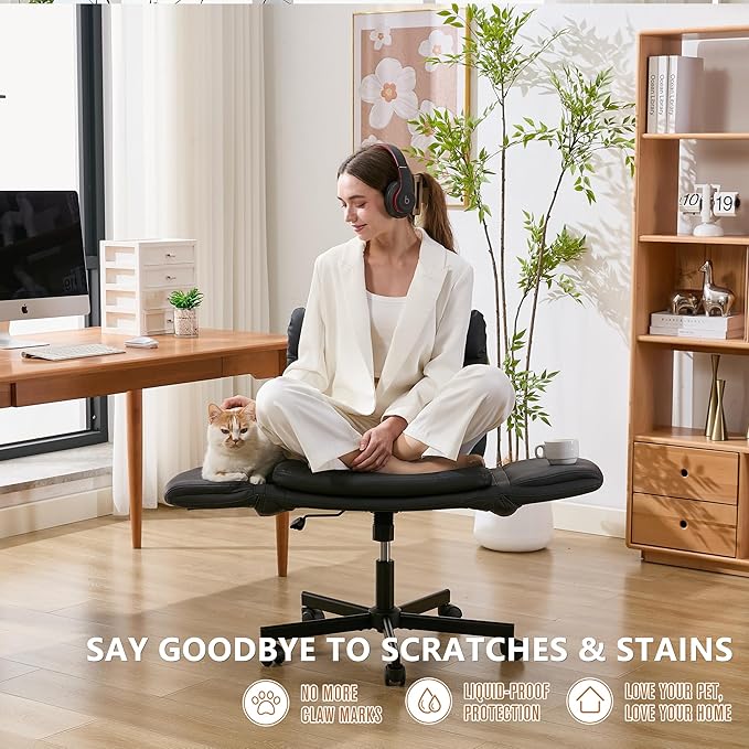 Criss Cross Chair with Flip-Up Arms & Swivel Wheels, Vanity Chair with Adjustable Height & Side Pockets, Comfortable Wide Seat Reclining Computer Office Desk Chairs for Home Office, Make Up, Bed Room
