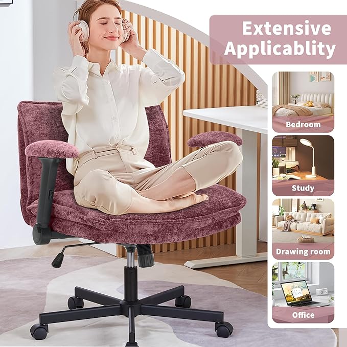 Cross Legged Office Chair, Height Adjustable Swivel Desk Chair with Flip-Up Arms, Padded Criss Cross Chair for Home Office & Bedroom