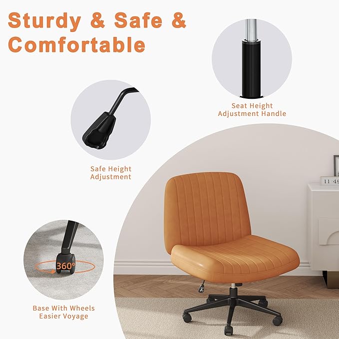 Shintenchi Criss Cross Chair,Cross Legged Office Seat with Wheels Armless Swivel Vanity Chair,Height Adjustable Wide Computer Task Seating for Home Office,PU Leather,Orange