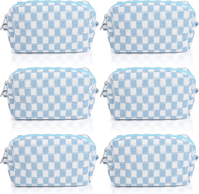 SOIDRAM Checkered Makeup Bag Preppy Cosmetic Bag Bulk Blue Makeup Pouch Personalize Travel Toiletry Bag Organizer Cute DIY Makeup Brushes Storage Bag for Women