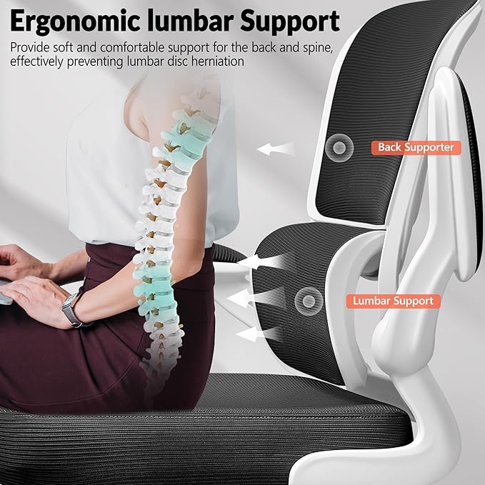 Office Chair Ergonomic Desk Chair, Breathable Mesh Comfy Chair with Lumbar Support, Computer Chair, Home Desk Chair with Flip-up Armrests, Gaming Chair for Adults Home Office (White)