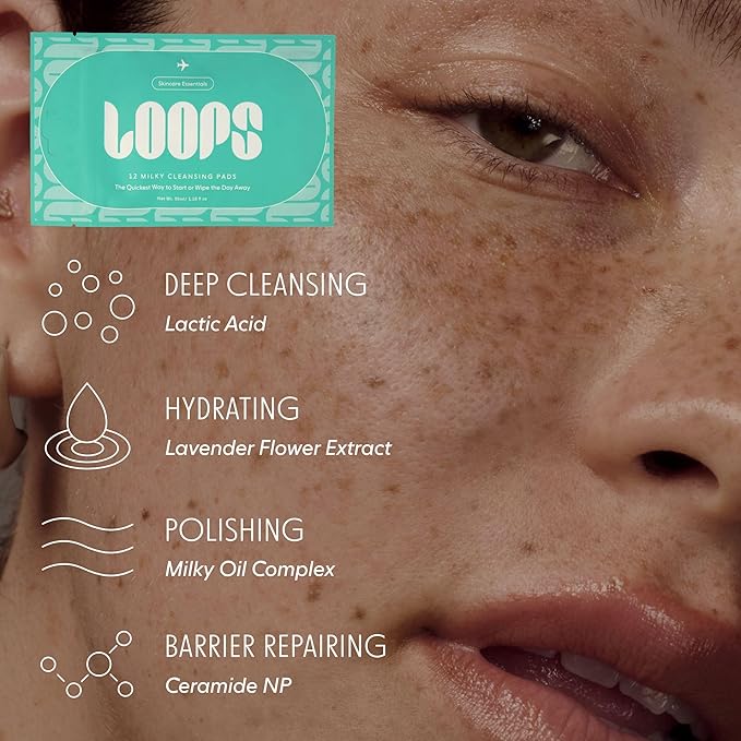LOOPS 4-Step Essentials Skincare Kit with 12 Travel Vegan, Natural, Biodegradable Gentle Skincare Pads Each - Moisturizer, Toner, Peptide, and Milky Cleanser - Pre-soaked Bamboo Pads - Pack of 48