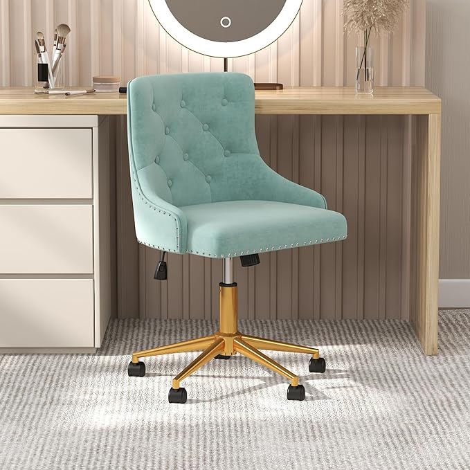 Westice Velvet Desk Chairs, Upholstered Swivel Comfy Makeup Vanity Chair with Tufted Back, Gold Metal Base & Wheels, Height Adjustable Chair for Girls, Bedroom Living Room, Mint Green
