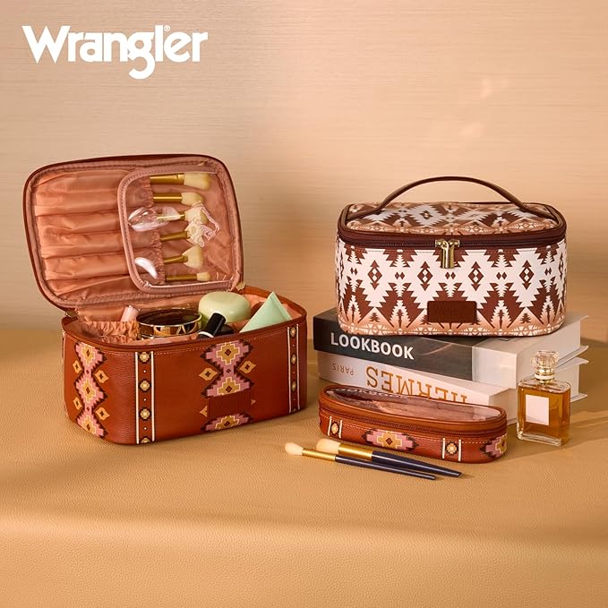 Montana West X Wrangler Travel Makeup Bag 2pcs Set Large Cosmetic Bag with Makeup Brush Holder Portable Make Up Organizer Cute Toiletry Bag with Divider and Handle for Women Aztec