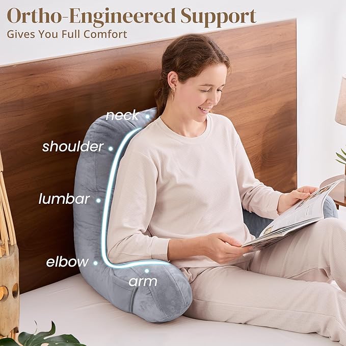 Sasttie Reading Pillow for Bed - 23 Inch, Back Pillow for Bed Sitting Up, Back-Rest Support Cushion with Side Pockets and Arms, Dorm Essentials, Oeko-Tex Certified, Dark Grey