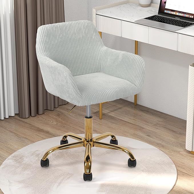 Faux Fur 360°Swivel Desk Chair, Height Adjustable Home Office Armchair with Golden Base for Teens Women Girls, Corduroy & Light Blue