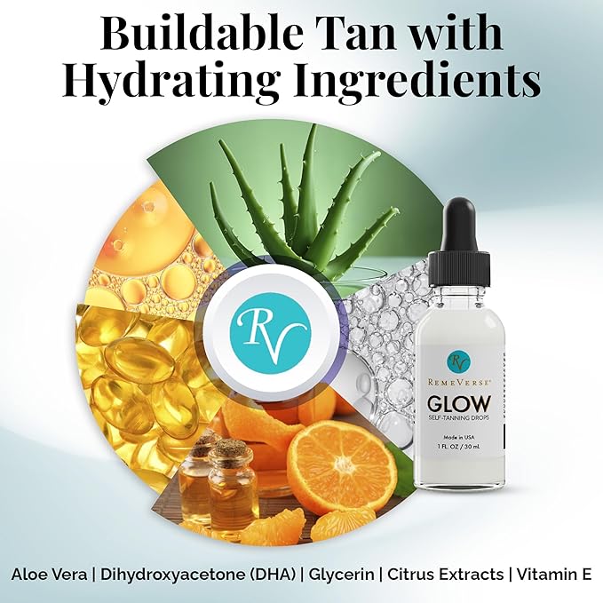 RemeVerse Glow Self-Tanning Drops - Sunless Tanner for a Sun-Kissed Glow - Achieve Natural-Looking Even Skin Tone, Control Results with Moisturizer for Face & Body - Ideal for All Skin Types - 1 oz