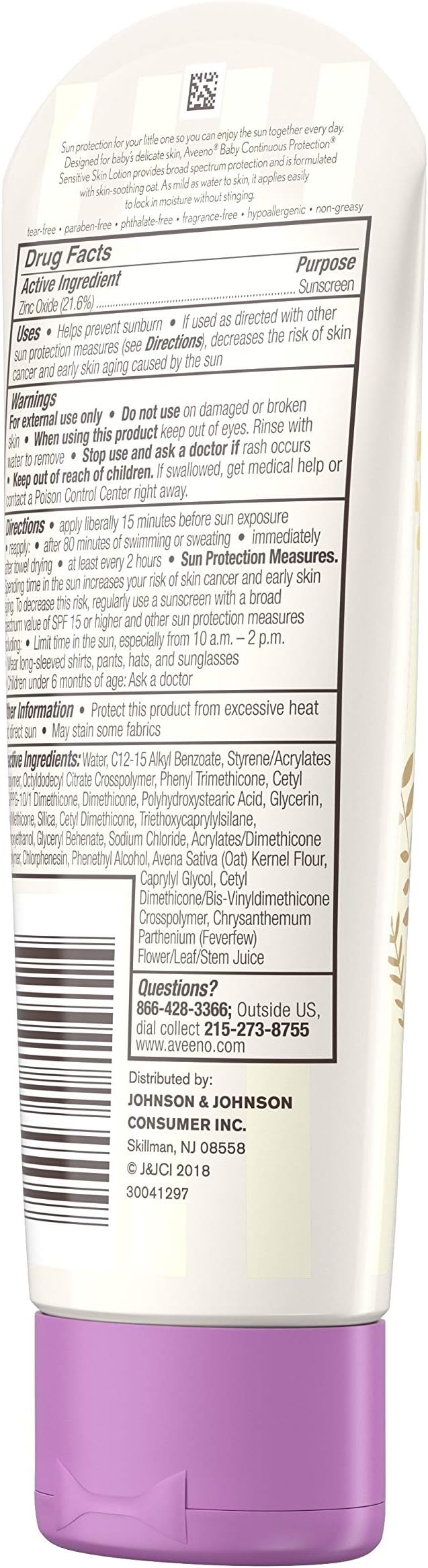 Aveeno Baby Continuous Protection Zinc Oxide Mineral Sunscreen Lotion for Sensitive Skin, Broad Spectrum SPF 50, Tear-Free, Sweat- & Water-Resistant, Paraben-Free, Travel-Size, 3 fl. oz