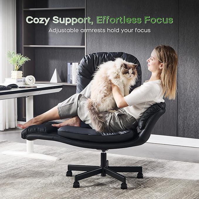 Criss Cross Chair with Armrests & Wheels for Cross-Legged Sitting, Comfortable Adjustable Swivel Office Desk Chair –PU Leather Vanity Chair for Home, Makeup and Bedroom (Black)