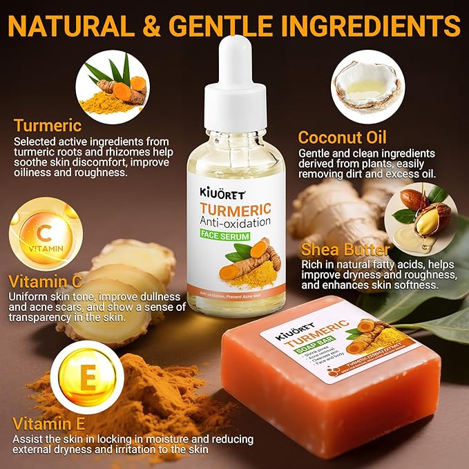 3PCS Turmeric Soap & Serum Set - Turmeric Face Serum + 2 Turmeric Soap Bars with Vitamin C & E - Deep Cleanses Pores, Reduces Acne, Controls Oil, Soothes Skin - Hydrating Facial Kit for All Skins