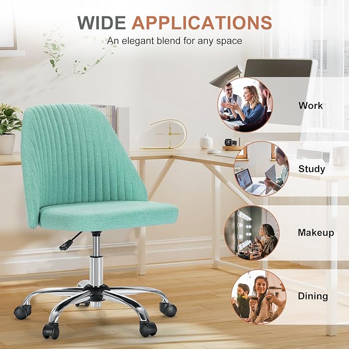 DUMOS Office Chair, Comfy Desk Chair Rolling Vanity Swivel Task Chairs with Wheels, Wide Seating Armless Height Adjustable Computer Chairs for Home,Bedroom,Student,Adults, Aqua