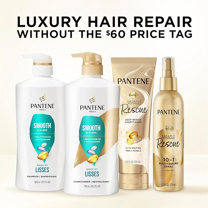 Pantene Conditioner, Smooth and Sleek - Frizz Control with Antioxidants, Nourishing for All Hair Types - Curly, Dry, Color-Treated, 25.1 Oz Each, + Miracle Rescue Shot (0.5 Oz), 2 Count (Pack of 2)
