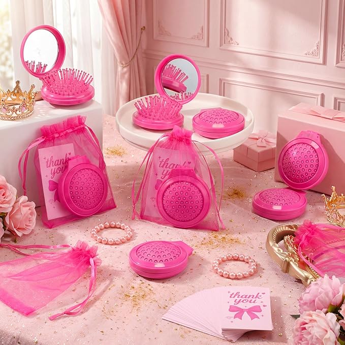 24 Sets Women's Day Gifts with Folding Travel Mirror Hair Brush with Organza Bags Cards Mini Round Mirror Pocket Brush for Girls Women Hot Pink Makeup Mother's Day Gifts