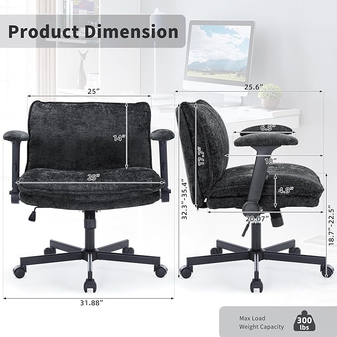 Cross Legged Office Chair, Height Adjustable Swivel Desk Chair with Flip-Up Arms, Padded Criss Cross Chair for Home Office & Bedroom