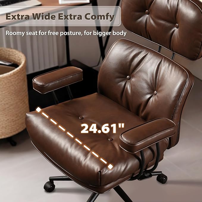 HOOOWOOO Mid Century Modern Ergonomic Office Chair, Comfy Executive Chair with Extra Wide Tufted Cloudy Seat, Lumbar Support, High Reclining Back, PU Leather Dark Brown